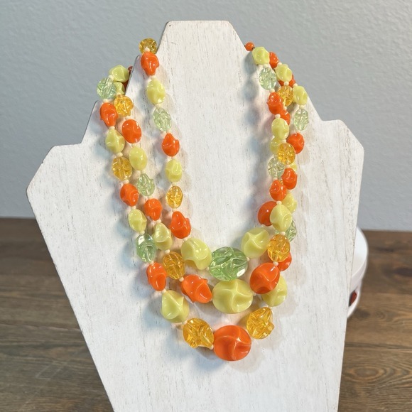 Jewelry - Retro 1960s Colorful West German Vintage Beads Multi Strand Yellow Orange‎ Green